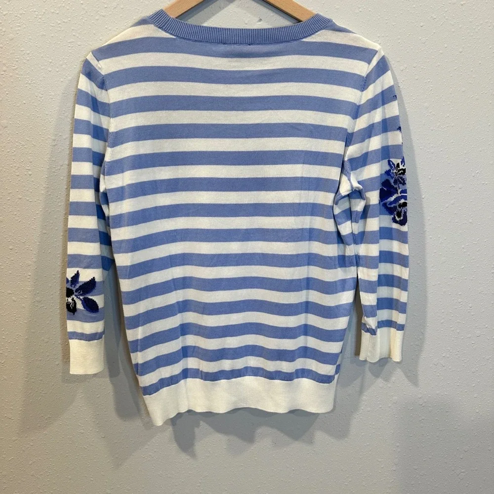 Talbots‎ Sweater Women S Blue Striped Floral 3/4 Sleeve Cotton Blend Preppy NWT